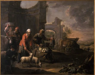 Um, homem, com, um, carrinho mão, cheio, de, legumes